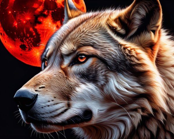 Wolf with Red Moon Background and Mystical Atmosphere