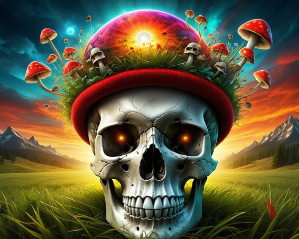 Surreal Landscape with Skull and Glowing Mushrooms