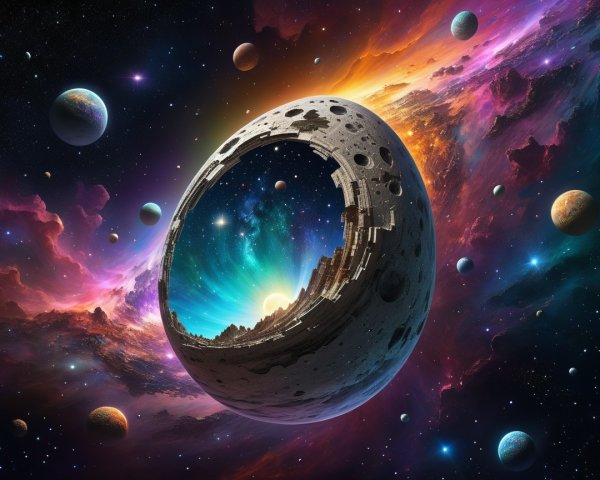 Surreal Cosmic Scene with Hollow Moon and Vibrant Landscape