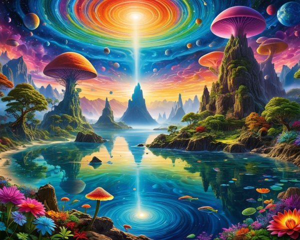 Vibrant Landscape with Colorful Mushrooms and Lake