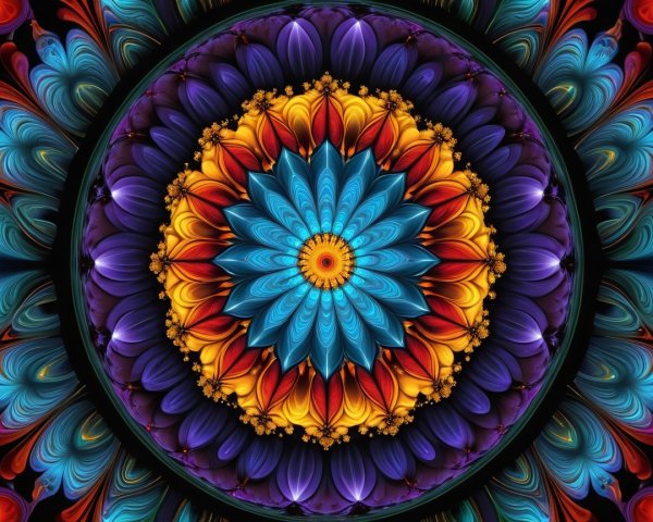 Colorful Fractal Mandala with Teal Flower Design