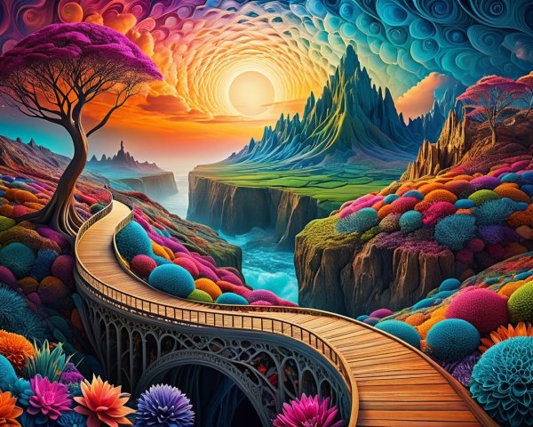 Vibrant Landscape with Winding Bridge and Majestic Mountain