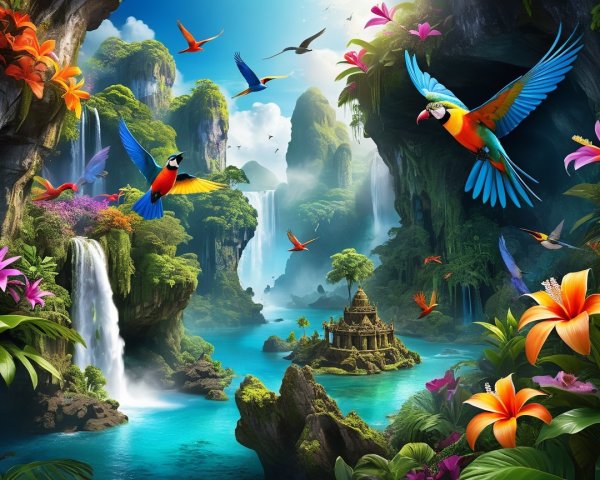 Tropical Paradise with Waterfalls and Lush Greenery