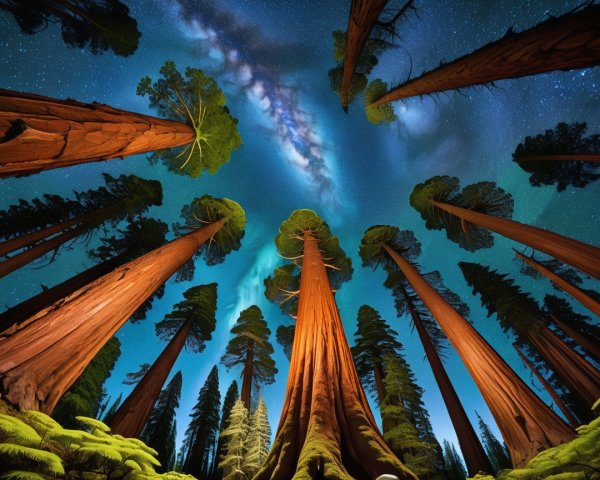 Redwood Trees Under Starry Night Sky with Milky Way
