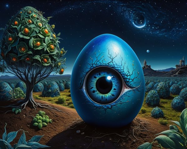 Surreal Landscape with Blue Egg and Whimsical Tree
