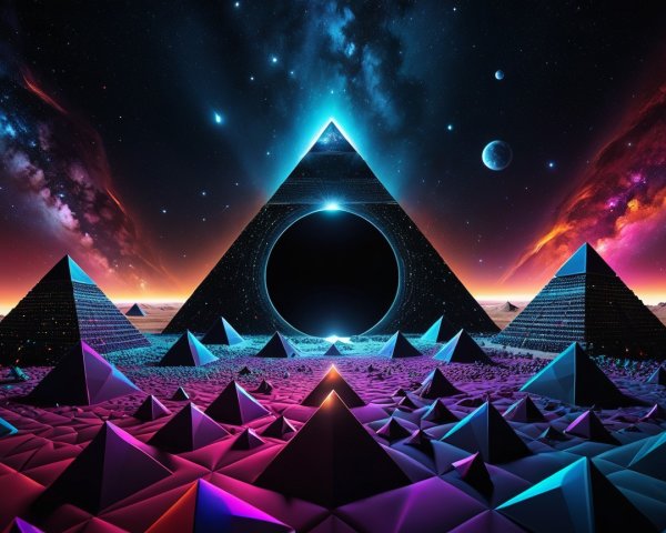 Surreal Landscape with Glowing Pyramids and Cosmic Sky