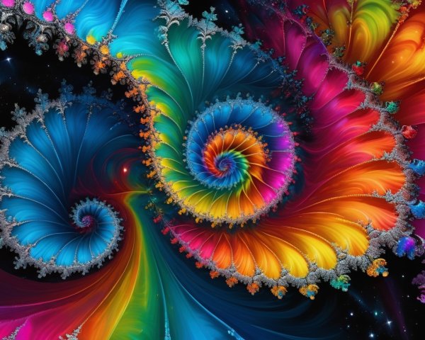 Rainbow-Colored Fractal Spiral on Black Background