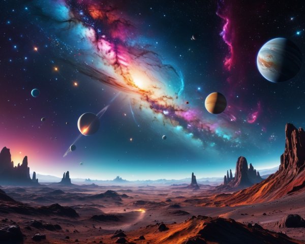 Vibrant Galaxy with Planets and Alien Landscape