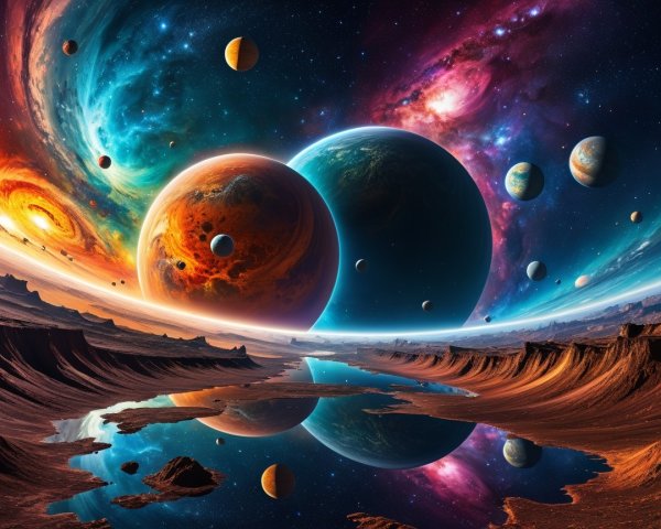 Vibrant Cosmic Scene with Galaxies and Planets