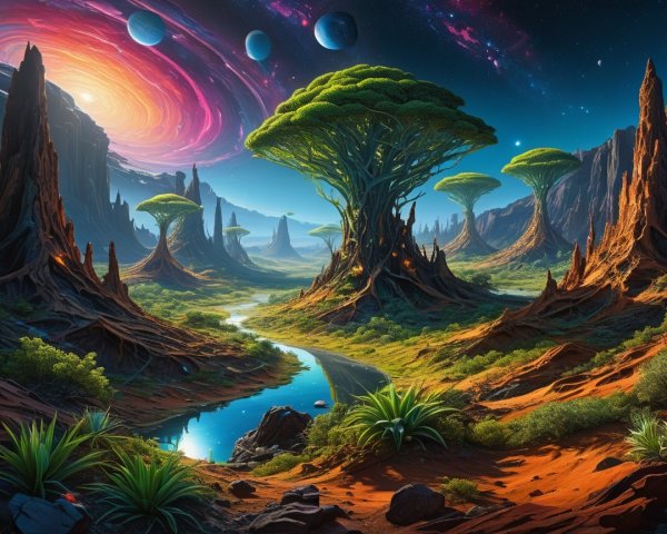 Surreal Alien Landscape with Vibrant Cosmic Features