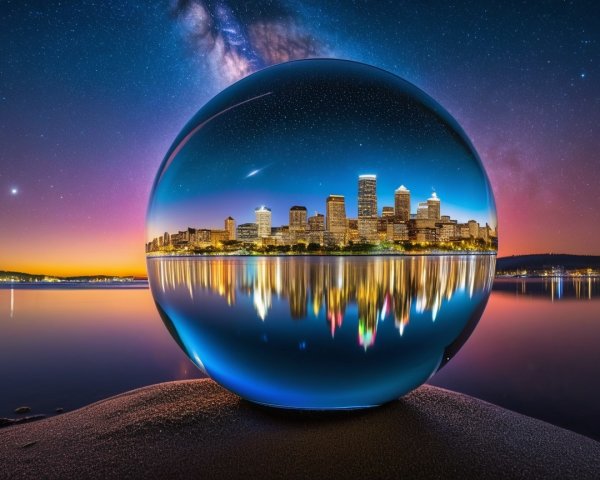 Glass Orb Reflecting City Skyline at Dusk
