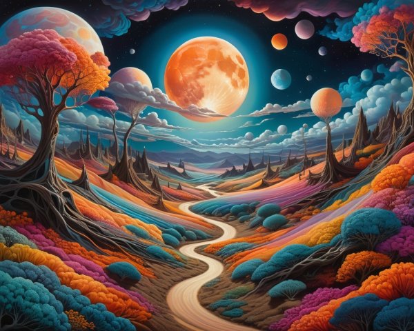 Vibrant Alien Landscape with Twisted Trees and River