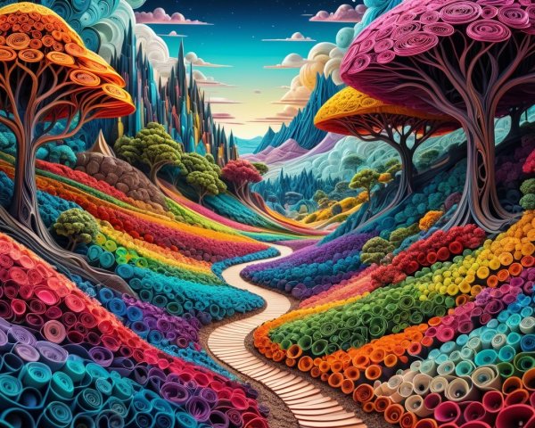Vibrant Fantasy Landscape with Colorful Foliage and Hills
