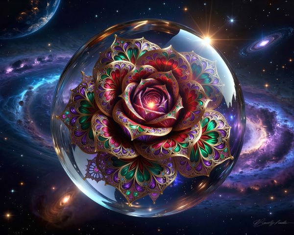 Ornate golden rose in glass sphere against cosmic backdrop