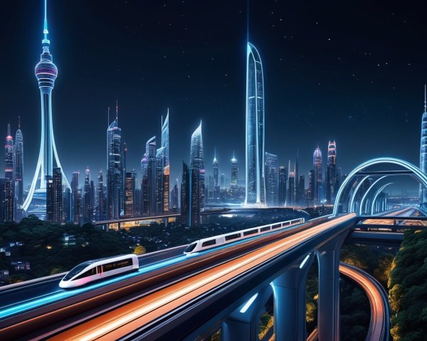 Futuristic City Skyline with Skyscrapers and Maglev Train