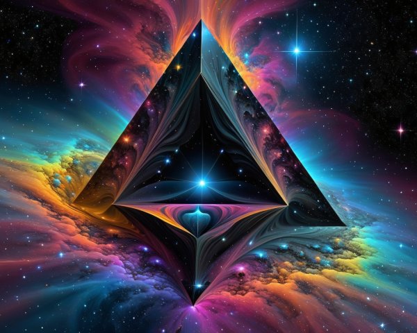 Dark 3D Prism Against Vibrant Space Nebula Background