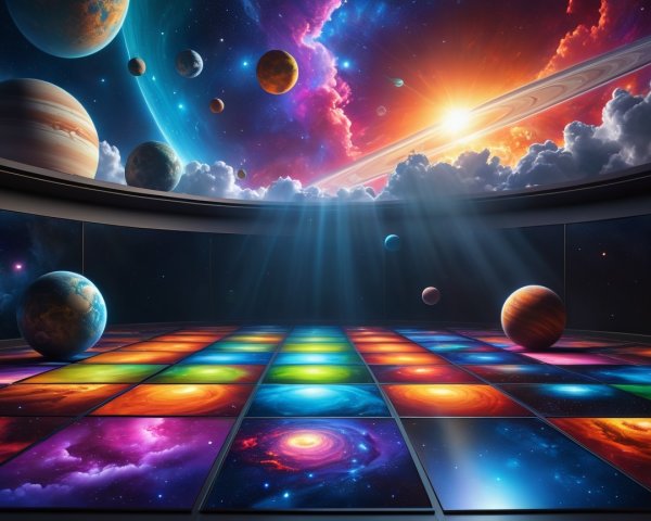 Cosmic Room with Multicolored Galaxy Floor and Planets