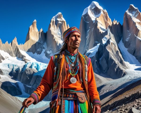 Indigenous Man in Vibrant Attire in Alpine Landscape