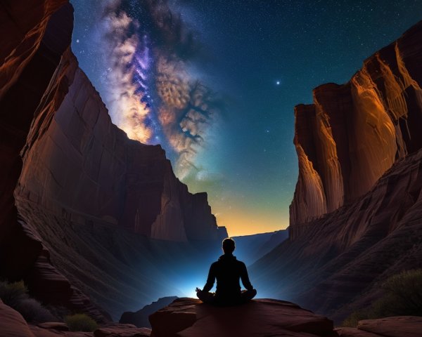 Serene Figure in Canyon Under Starry Night Sky