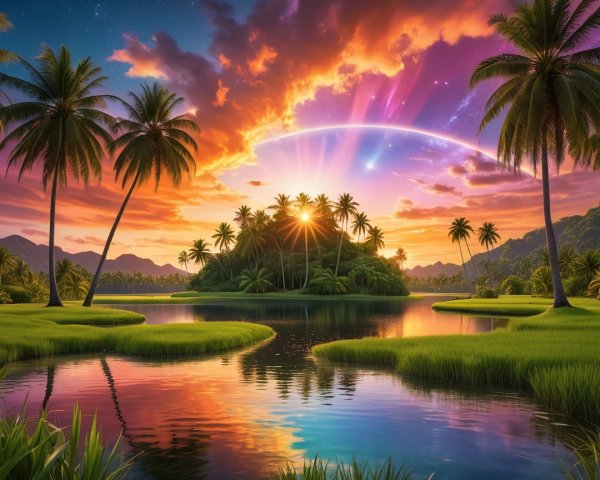 Vibrant Tropical Landscape with Sunset and Lagoon
