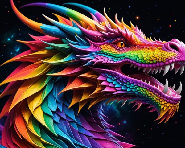 Rainbow-Colored Dragon Against Starry Cosmic Background