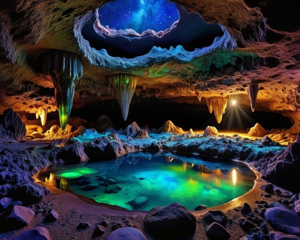 Underground Cavern with Colorful Stalactites and Pool
