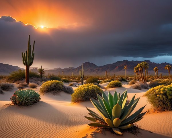 Desert Landscape at Sunset with Cacti and Dunes
