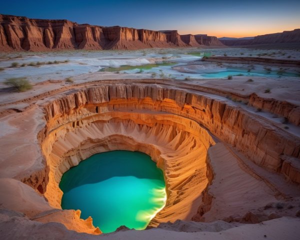 Canyon with Layered Rocks and Turquoise Water Pool