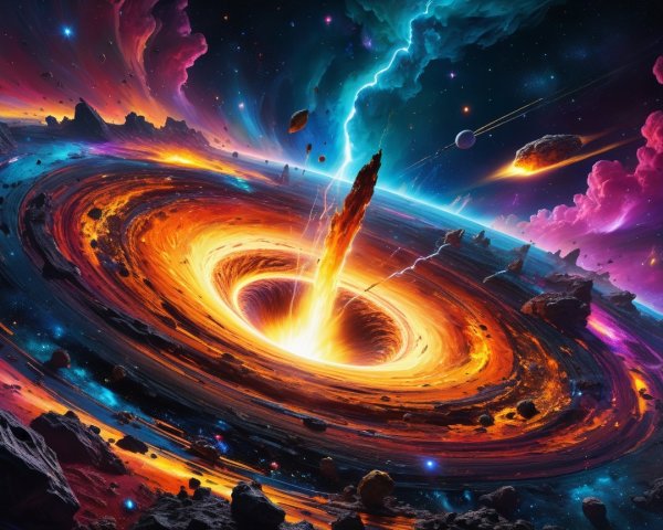 Vibrant Cosmic Scene with Black Hole and Nebulae