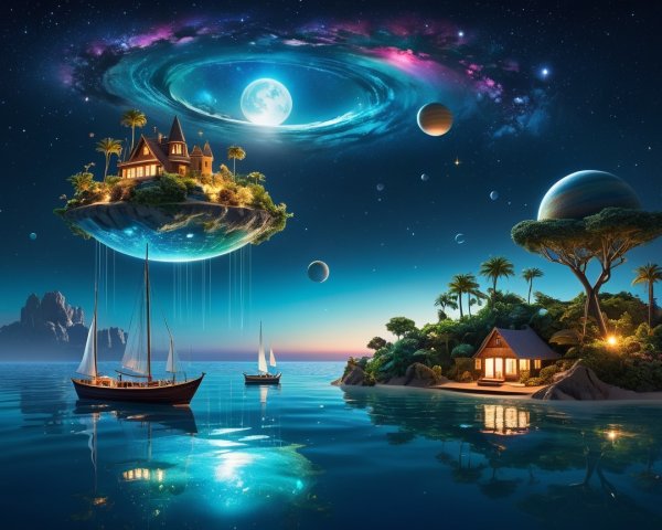 Surreal Landscape with Floating Island and Castle
