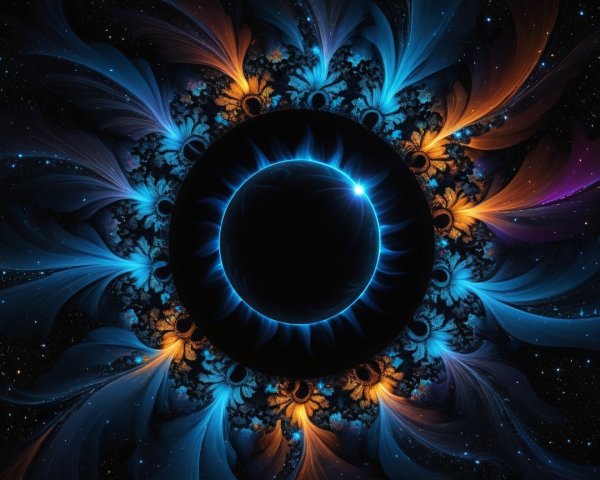 Cosmic Design with Black Sphere and Vibrant Patterns