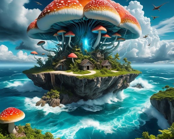 Fantastical Island with Vibrant Mushrooms and Cottages