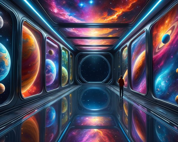 Futuristic hallway with cosmic views and sleek design