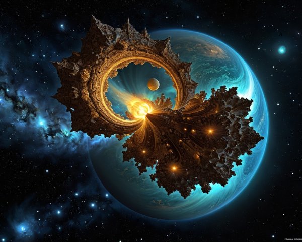 Vibrant Cosmic Scene with Blue Planet and Fractal Structure