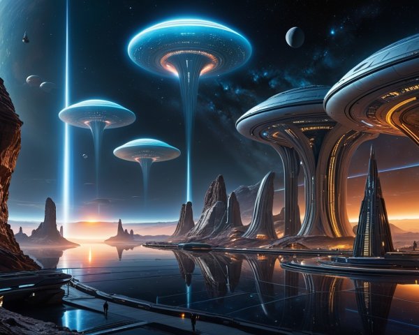 Futuristic landscape with glowing structures and cosmic sky