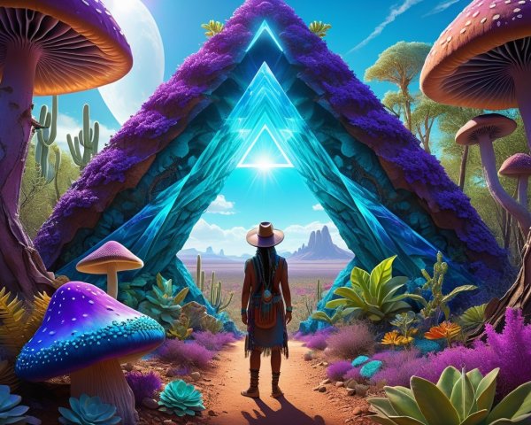Surreal Landscape with Luminous Triangular Portal