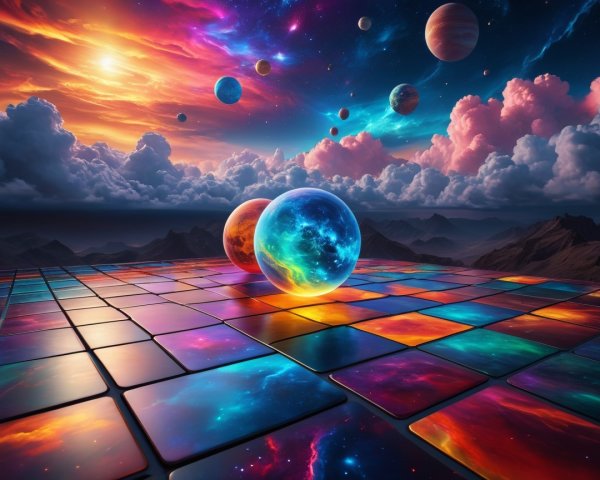 Surreal Cosmic Landscape with Vibrant Colors and Planets