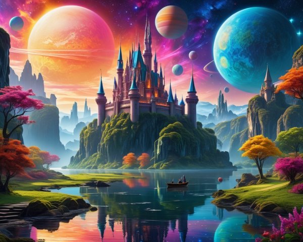 Vibrant Landscape with Castle and Cosmic Elements