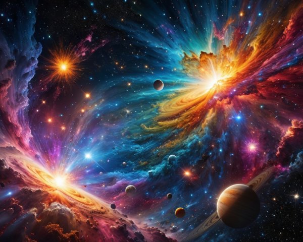 Vibrant Cosmic Scene with Nebulae and Planets
