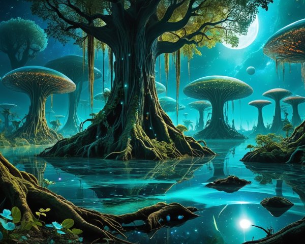 Tranquil Alien Landscape with Bioluminescent Trees