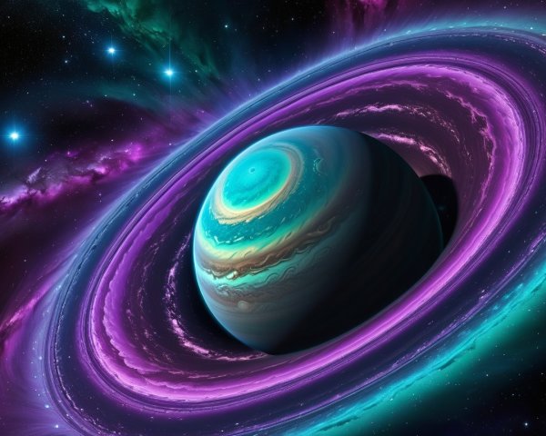 Cosmic Scene of a Planet with Vibrant Rings and Stars