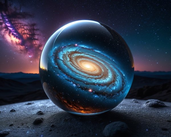 Crystal Orb on Moon Surface Reflecting Spiral Galaxy