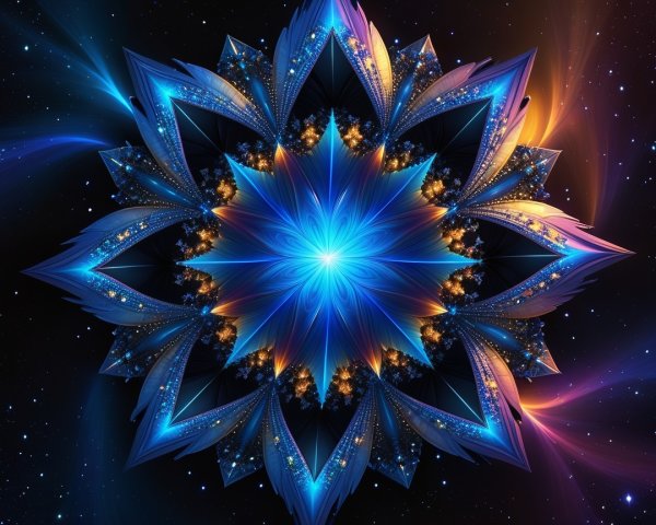 Vibrant mandala in blue, gold, and orange hues
