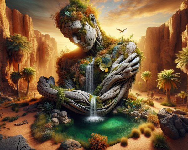 Colossal Green Figure with Waterfalls in Desert Landscape