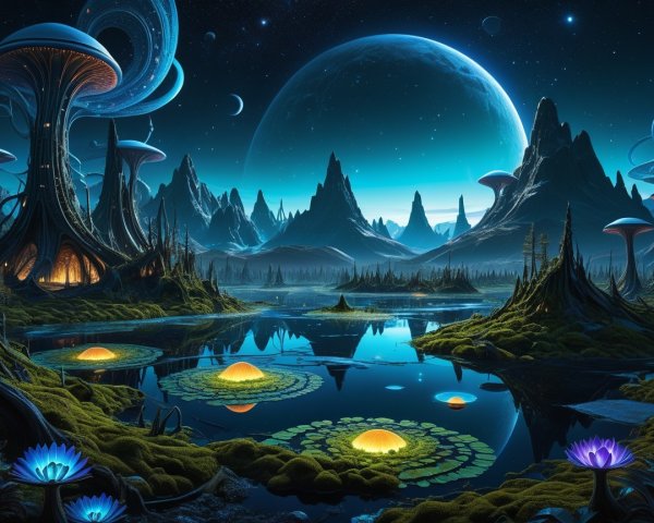 Surreal Alien Landscape with Mountains and Lakes