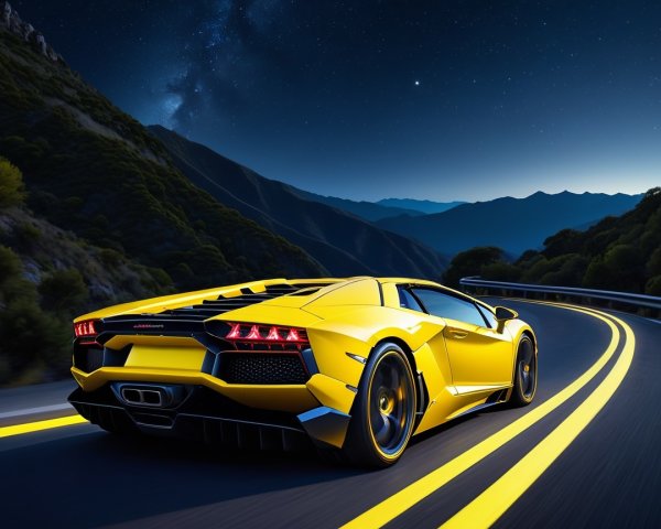 Sleek Yellow Sports Car on Mountain Road at Night
