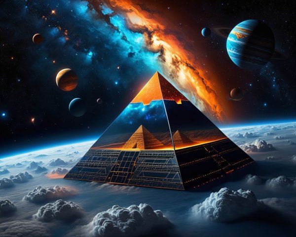 Glowing Pyramid Above Colorful Cosmic Clouds and Stars