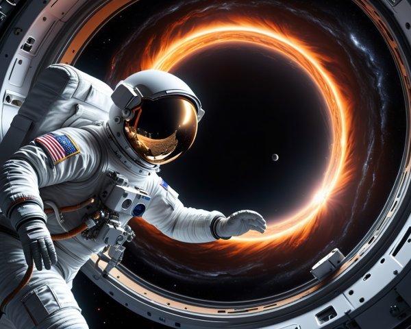 Astronaut Observing Black Hole and Planet in Space