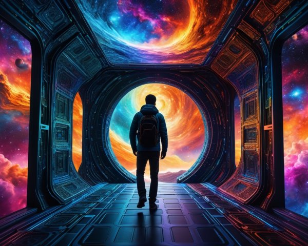 Futuristic Corridor with Cosmic Portal and Nebula Scene