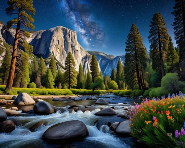 Serene landscape with river, wildflowers, and stars